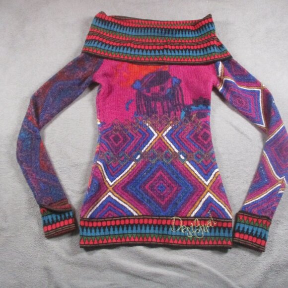 Desigual Off Cowl Neck Sweater Women Aztec Print Colorful Pink Fair Isle - Picture 2 of 11